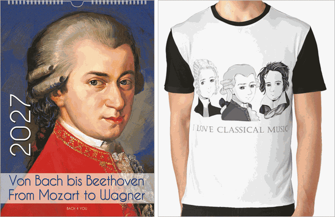 Links ist ein Komponisten-Kalender mit Mozart, der zur Kamera sieht. Links ist senkrecht die Jahreszahl, unten in einem milchigen Band der Titel. Rechts ist ein  T-Shirt mit drei Komponisten im Chibi.Stil.