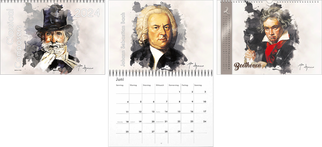 Drei Komponisten-Kalender-Innenseiten sind nebeneinander dargestellt. Links ist es ein Titelblatt, rechts die Monatsseite im entsprechenden Komponisten-Kalender. In der Mitte ist es das Innenblatt eines Komponistenkalenders, die Hälfte unten als Gitter.