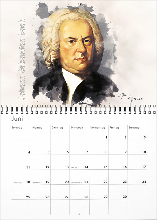 Das Monatsblatt in einem Broschüren-Kalender. Oben ist ein Porträt von Bach auf weißem Grund. Links ist der Name Johann Sebastian Bach in weiß mit leichtem grauen Rand. Unten ist ein riesiges Kalendarium über 50 Prozent der sichtbaren Kalenderfläche.