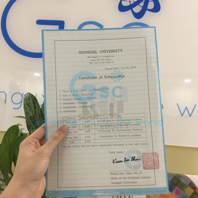 Sinh viên GSC được học bổng 9500$, thạc sĩ trường đại học Soongsil