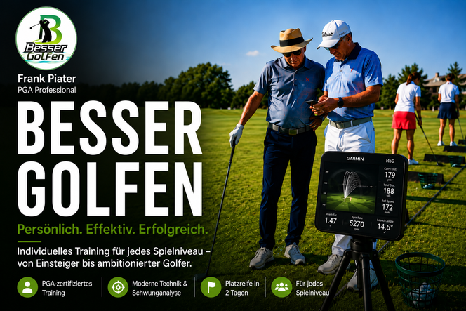 Golftrainer zeigt Schüler seinen Schwung auf dem Handy! Im Vordergrund Garmin R50