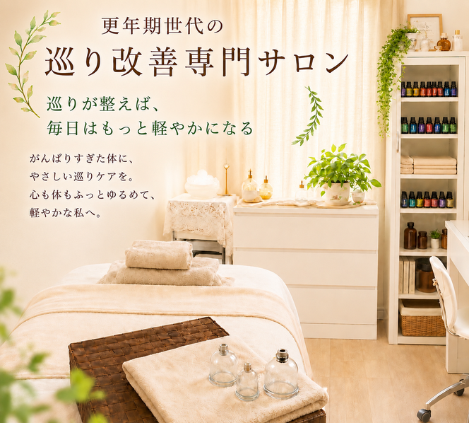 カッピング、スライドカッピング、経絡リンパアロママッサージで巡りを整える