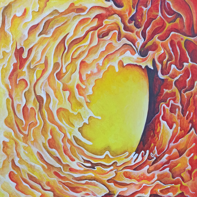 Abstract painting in yellow and red of dynamics