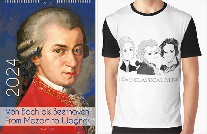 Two items in separate photos in the Bach Shop: On the left is the portrait-format Mozart calendar, on the right is a black and white T-shirt with the three young composers Bach, Mozart and Beethoven in chibi style.