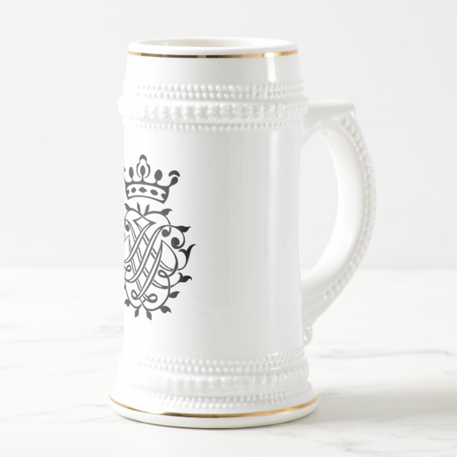 It is an actual white Bach beer stein on a white background and against a white background. Opposite the handle, you can see the Bach Seal in black.