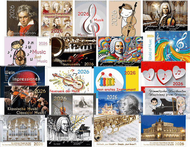 You can see a collage of calendar covers: about 15 music calendars, Bach calendars and composers calendars. It is an overview of the music calendars in the Bachshop.