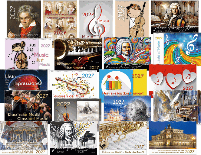 You can see a collage of calendar covers: about 15 music calendars, Bach calendars and composers calendars. It is an overview of the music calendars in the Bachshop.