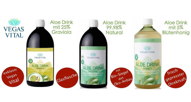 Aloe Drinks von Vegas Vital hier u. a. auch mit der Tropenfrucht Graviola oder Stachelannone genannt