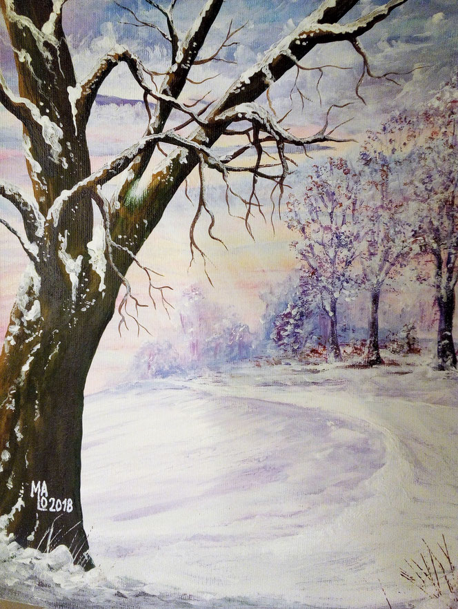 MaLo 2018 * Stille Winterfreude * Original Acrylbild auf Papier im hellen Holzrahmen, ca. 30 x 40 cm, verkauft
