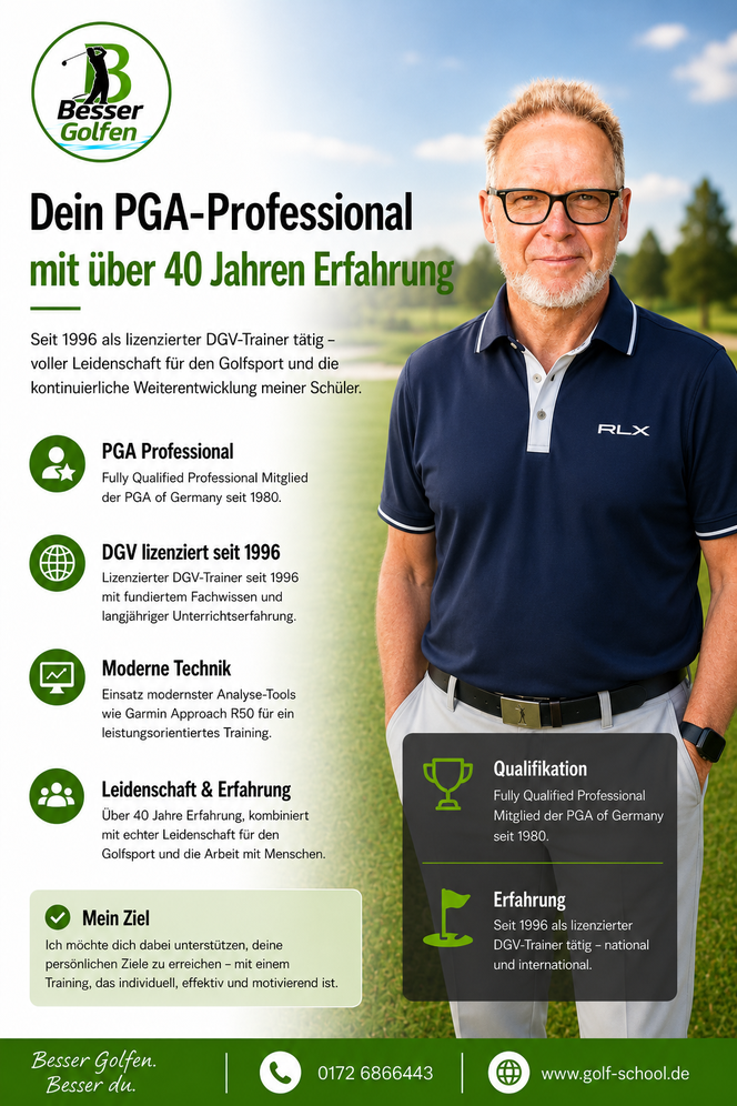 Golftrainer Frank Piater auf einem Golfplatz bei sonnigem Wetter