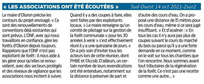 La municipalité d'Oloron ni l'ONF ne prennent pas en compte le réchauffement climatique. Les coupes rases n'ont plus lieu d'être, pourtant ils veulent les maintenir sur plus des trois quart de nos forêts, à fortiori sur la forêt du Bager (saumon).