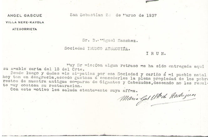 Carta de cesión de los gigantes y cabezudos de Dña. María Gal a la Irungo Atsegiña en 1937.