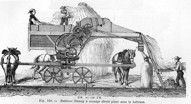 Zeichnung einer Dreschmaschine mit eingebautem Göpel aus einem technischen Lexikon des Jahres 1881. Quelle: httphttps://de.wikipedia.org/wiki/Dreschmaschine#/media/File:Batteuse_1881.jpg (Werk ist gemeinfrei)