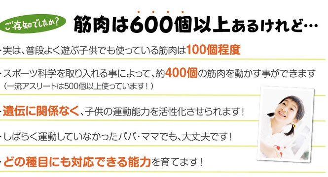 大阪市 親子スポーツ教室/筋肉は600個以上あるけれど…・実は、普段よく遊ぶ子供でも使っている筋肉は100個程度・スポーツ科学を取り入れる事によって、眠っていた筋肉を 動かす事ができます(一流アスリートは500個以上使っています!)・遺伝に関係なく、子供の運動能力を活性化させられます!・しばらく運動していなかったパパ・ママでも、大丈夫です!