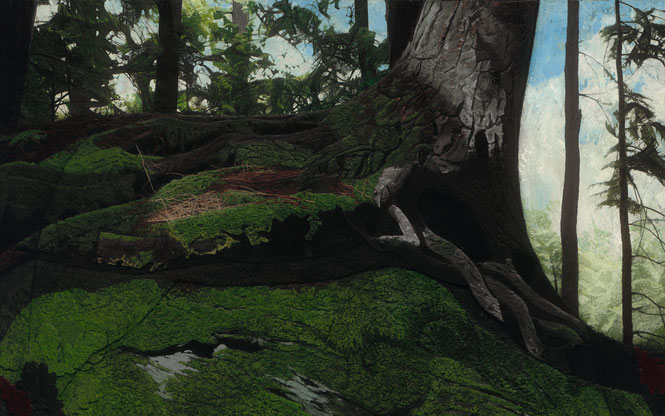 francois beaudry encaustic painting landscape bas-relief trees rock moss horse dog via appalachia series 15