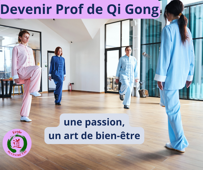 Cours de Qi Gong animé par une professionnelle avec tenue traditionnelle, dans une salle lumineuse.