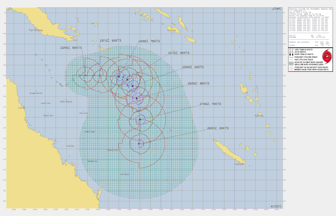 Track map and details of tropical cyclone Alfred in the Coral Sea, February 23 2025. From JTWC.