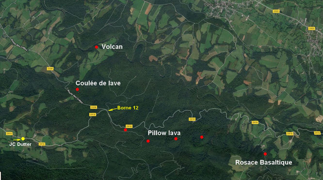 Carte situant appriximativement certains points géologiques remarquables en forêt du Bager d'Oloron et Arudy