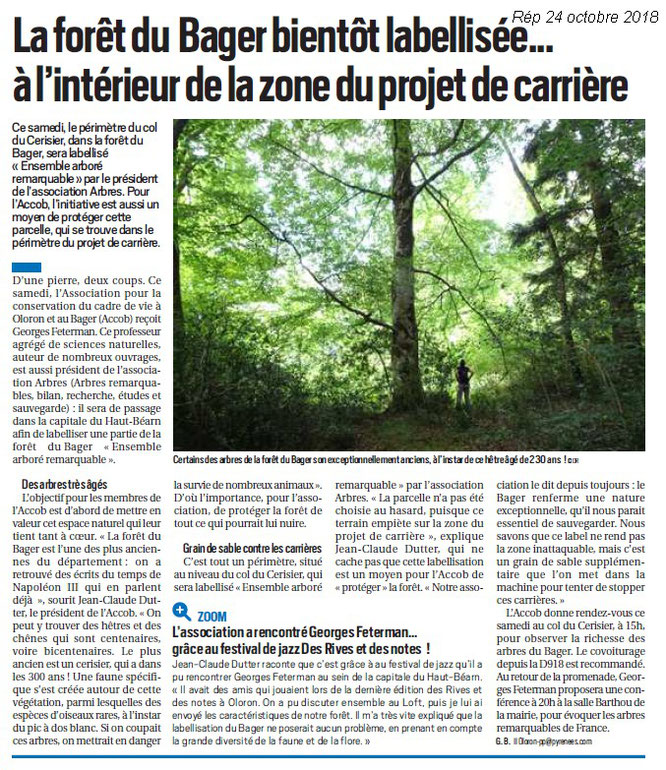 Article du 24 octobre sur la République : Rappel pour Labellisation forêt du Bager d'Oloron au Bager avec L'ACCOB et A.R.B.R.E.S.