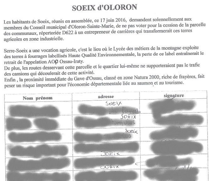 Photo de la pétition signée par 92.4 % de la population de Soeix contre le projet de carrières -ACCOB