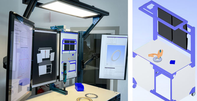 Projekt DiProLea: Arbeitsplatz zur Montage eines Ringlagers (links) sowie Digitaler Zwilling (rechts)