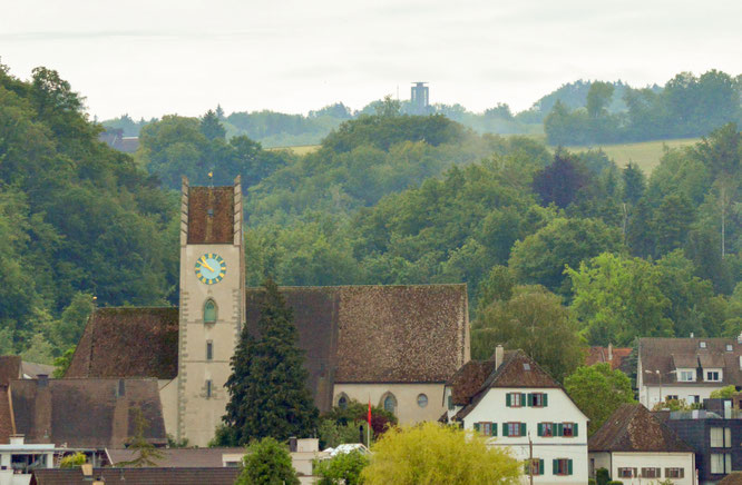 der Blick vom See zur Kirche Ermatingen und dem Napoleonturm