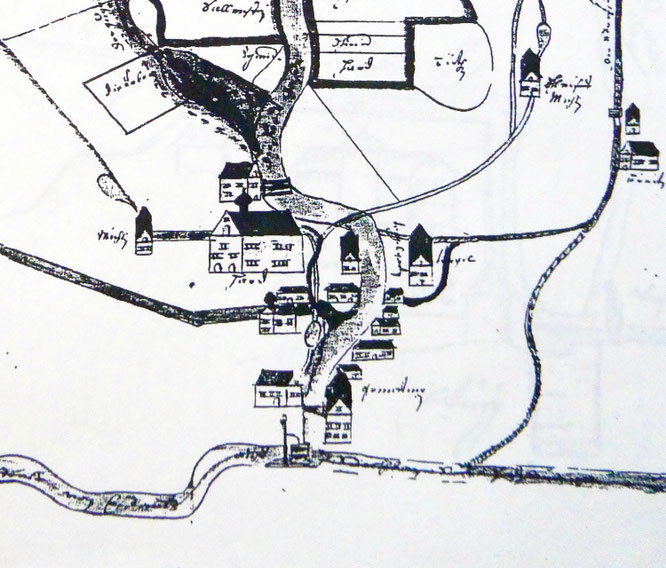 Plandarstellung 1702. Vorne unten der Adlerbrunnen, dann der Adler. Darüber die obere Mühle, der Mühleweiher und das Rellingsche Schlössli. Das grosse Gebäude mit dem Zwiebelturm ist das Schloss Hard; links davon die Mühle und darüber die "Mühle am Tobel