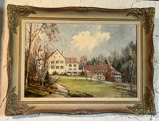 das Schloss Hard 1971; Sicht von Süden. Dieses Gemälde von E. Itter hängt im Jagdzimmer des Roten Hauses