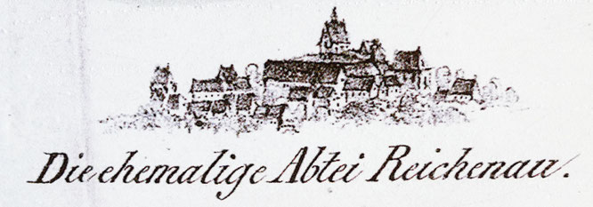 das Hinweisschild auf das Kloster Reichenau auf der Lithographie des alten Napoleonturms
