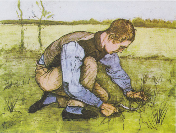 《鎌を持ったしゃがんだ少年》 黒チョークと水彩 1881年 クレラー・ミュラー美術館、オッテルロー、オランダ (F851)