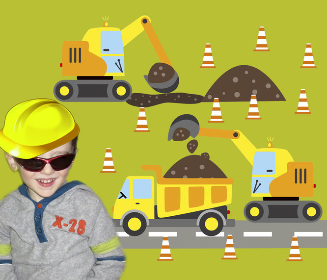 Wandtattoo Baustelle - mit Bagger, LKW, Erdhügel, Pylone