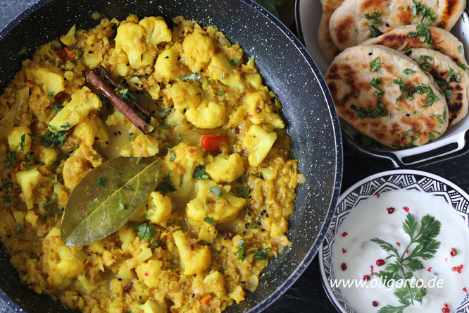 Blumenkohl ayurvedisch mit Naan Brot und Joghurt Dip Oligarto Rezepte mit Olivenöl