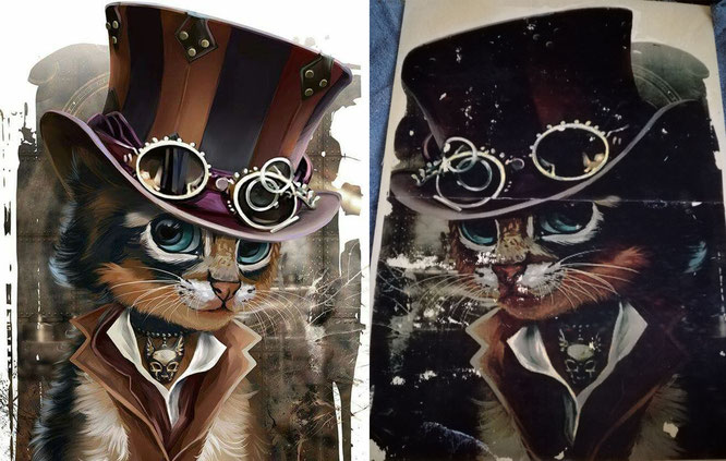 Fototransfer auf Holz, Motiv: "Steampunk Cat", Vorlage und Ergebnis im Vergleich