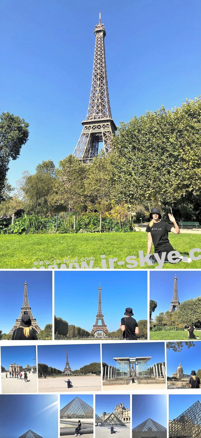 Paris, Eiffelturm & Louvre (48° 51′ 29.6″ N, 2° 17′ 40.2″ E/48° 51′ 45″ N, 2° 20′ 11″ E). "Mona-Liza with one of her Paris-Shirts, 200 m right beside Eiffel-Tower, Champ de Mars, Paris." 