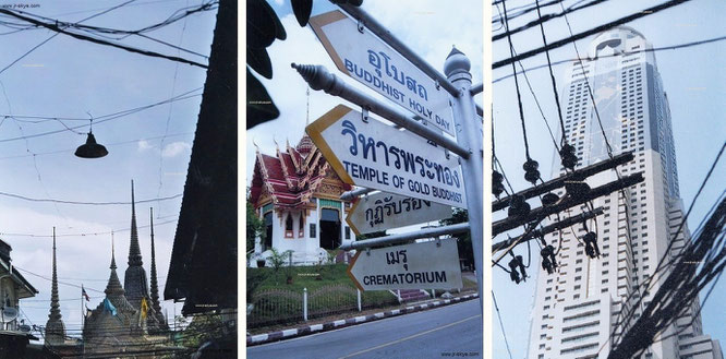 "Erleuchtung? Elektrifiziertes Bangkok: Wat Pho (historisch, links) und Baiyoke 2 (modern/“Drink Dont Drive“, rechts) #reise #travel #BangkokDangerous."