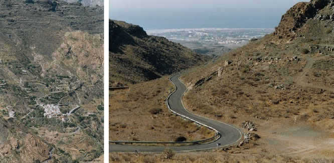 Erstklassig ausgebaute Bergstraße von Maspalomas hinauf nach Tejeda: Nicht alle Straßen sind so gut befestigt, oft fehlen Leitplanken und Markierungen (rechts). Weiße Dörfer (Erinnerungen an Andalusien steigen in mir auf) befinden sich im Inselinneren...