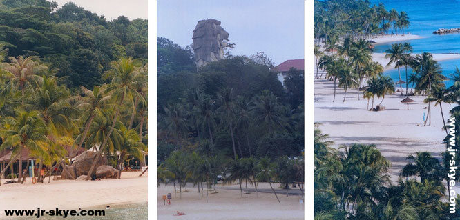 Auch das ist Singapur: Die kunstvoll aufgeschüttete Strandwelt (aus meiner Sicht: Daumen hoch!) auf Sentosa (inkusive Merlion), hier direkt östlich meines Basislagers Shangri La´s Rasa Sentosa...