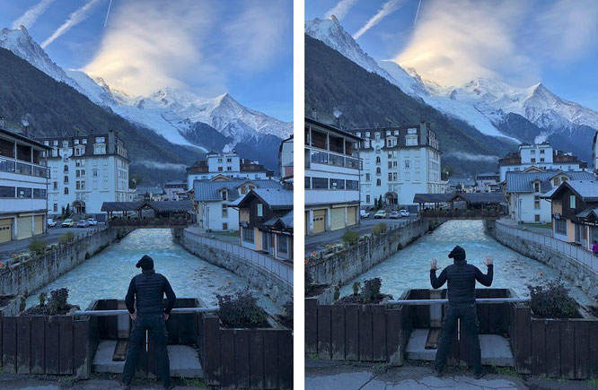 Chamonix in den frühen Morgenstunden, mit direktem Blick auf Arve (inkl. Holzbrücke "charming covered wooden bridge over the river l'Arve") und Mont Blanc... 