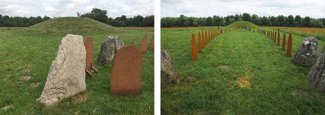 Links befinde ich mich auf Hügelgrab A mit Blick auf sein Pendant im Osten. Rechts die Schiffssetzung, Querschnitt, Perspektive "Westlicher Runenstein". Ihr erkennt jene Stahlplatten, die die fehlenden Steine des Bauwerks ersetzen...