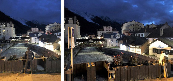 Chamonix in den frühen Abendstunden mit direktem Blick auf Arve (mündet bei Genf in die Rhône)...