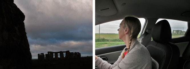 Stonehenge im seitlichen Rückfenster unseres aktuellen Miet-Sportcoupes (rechts, Fahrerseite)...