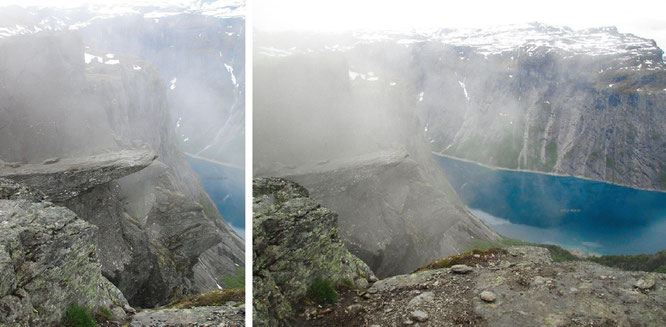 Zwei meiner Trolltunga-Lieblibgsfotos, von mir aufgenommen außerhalb der Saison im April (zwei der fünf Exemplare, die nicht im Rahmen dieser Expedition geschossen wurden). Menschenleer und in Nebel gehüllt, rare Perspektive... 