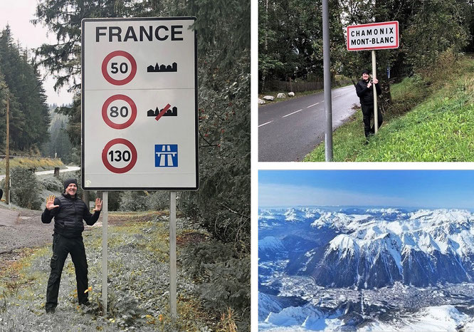 "Cross the border "Switzerland - France" on my way to Chamonix-Mont-Blanc (45° 55′ 20″ N, 6° 52′ 8″ E)."