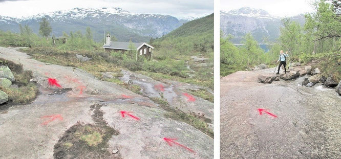 Gerade im unteren, einstelligen Kilometerbereich - hier am Rande des "Ferienhüttental Mogelidalen" - weisen Euch sporadisch diese roten Pfeile den Weg. Im weiteren Verlauf sucht Ihr diese Markierungen zunehmend vergeblich...