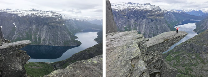 Trolltunga, ohne und mit Wolkenspiegelung im Ringedalsvatnet (60° 7′ 58,74″ N, 6° 45′ 14,64″ O) - sowie bestückt mit Mona-Liza (r.)...