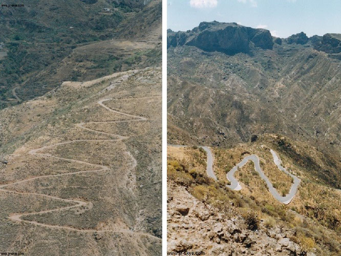 Gran Canaria: Bergpfade (links) und Bergstraßen (rechts), von oben oder seitlich betrachtet. Beide Aufstiegsmöglichkeiten vermischen sich wendungsreich in den grandiosen Felslandschaften der Inselmitte...