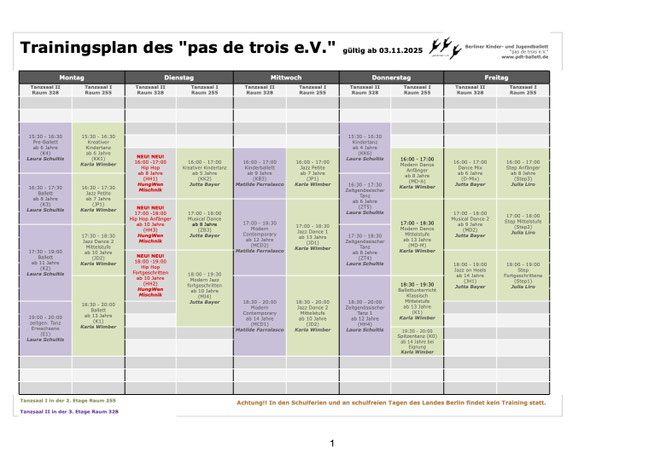 Übersicht der Kurse und Uhrzeiten im FEZ