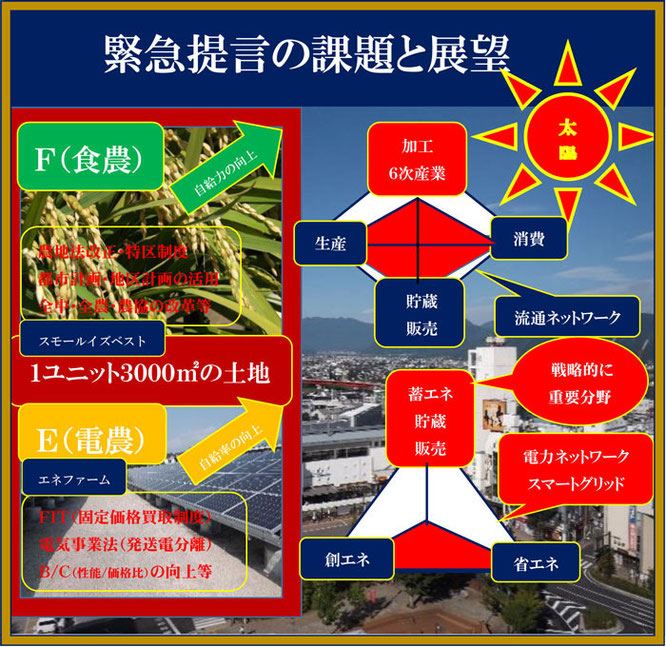 坂口光司の全国地方治自体に送る2014地方創生緊急提言＞この緊急提言（ＦＥＣＳ３０００）は、今日の地方自治体、農村や農業が直面する喫緊の課題（自立、ＴＰＰへの対応）に取り組む、新しい農業（食農＋電農：エネファーム）による解決策（起業の考え）を示したものです。