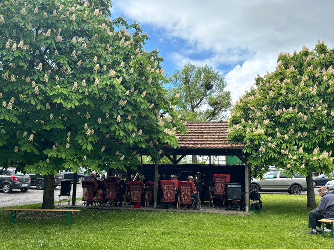Die Oderbrucher Blasmusik eröffnet das gesellige Treiben vor dem Kunstspeicher Friedersdorf