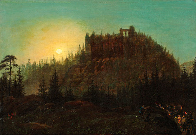 Ludwig Eduard Boll, Oybin bei Nacht (Vollmondstimmung), um 1830, Öl auf Leinwand, Städtische Museen Zittau